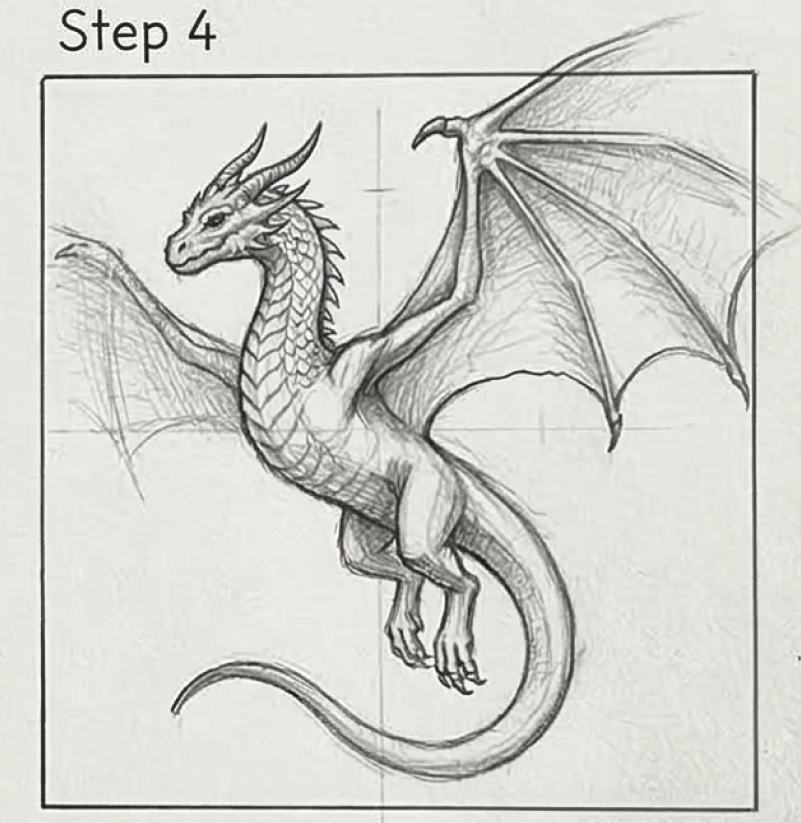 Pencil dragon sketch tutorial, Step 4 — flying dragon with detailed scales, outstretched wings and curved tail