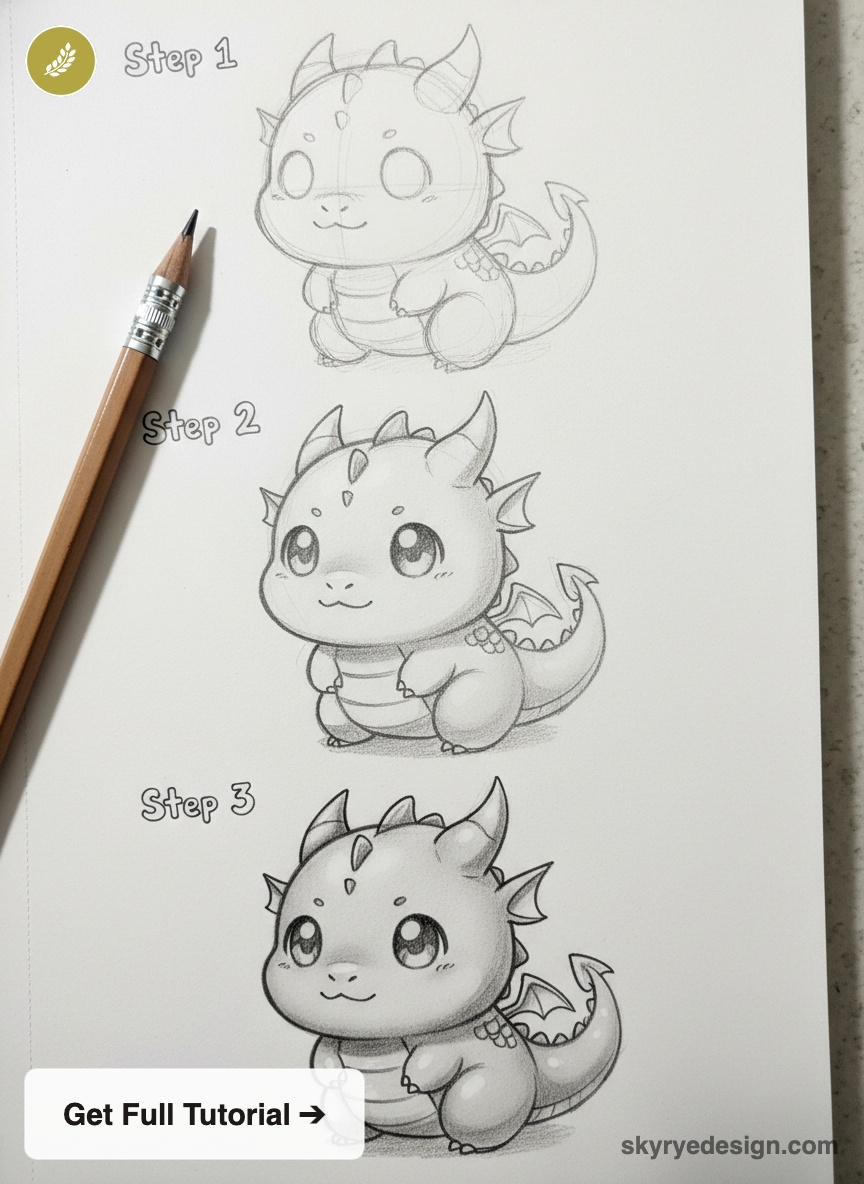 Cute chibi dragon drawing tutorial — 3-step pencil sketch progression on paper with pencil