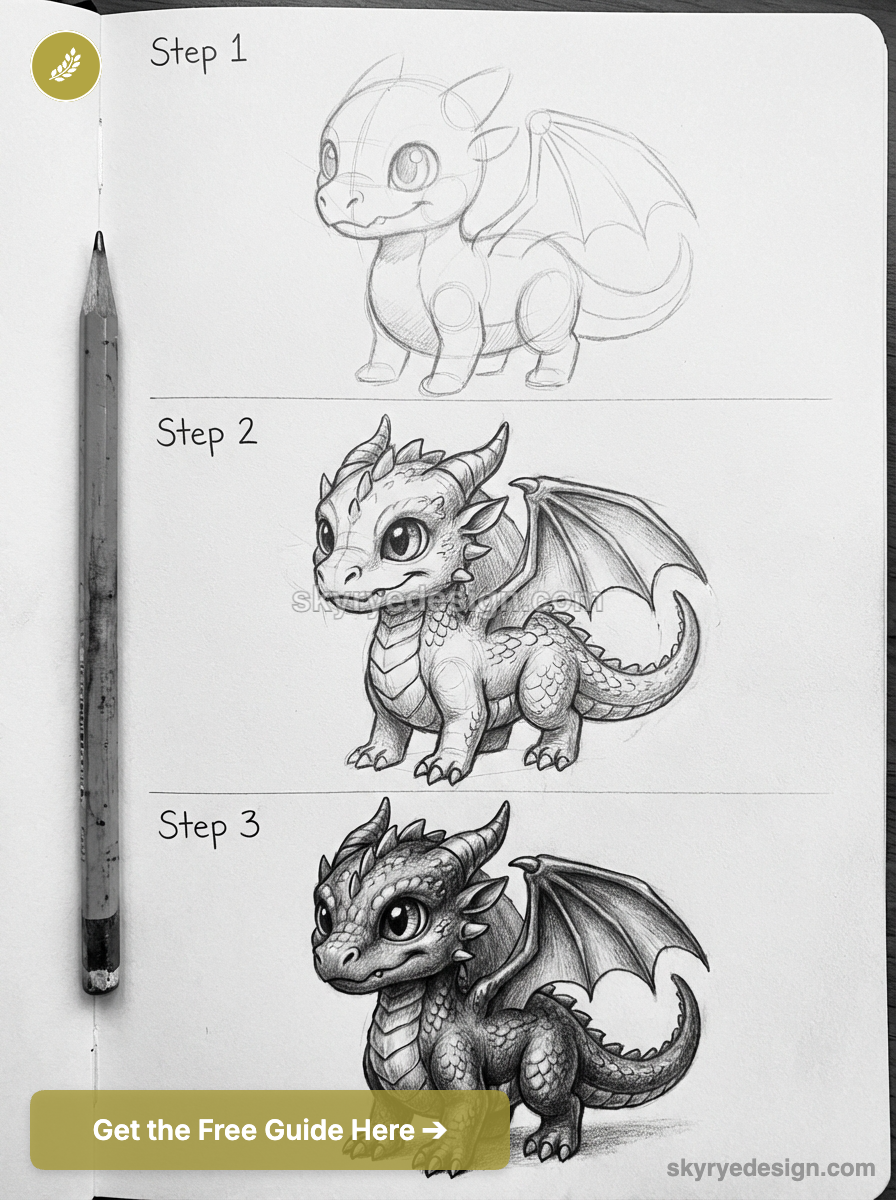 Step-by-step pencil tutorial showing progression of a baby dragon drawing from rough sketch to detailed shaded art.