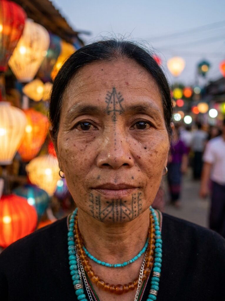 Woman_with_tattoos_jewelry_202607071510 Elderly Southeast Asian woman with traditional facial tattoos and turquoise beads at lantern-lit night market | Sky Rye Design Elderly Southeast Asian woman with traditional facial tattoos and turquoise beads at lantern-lit night market