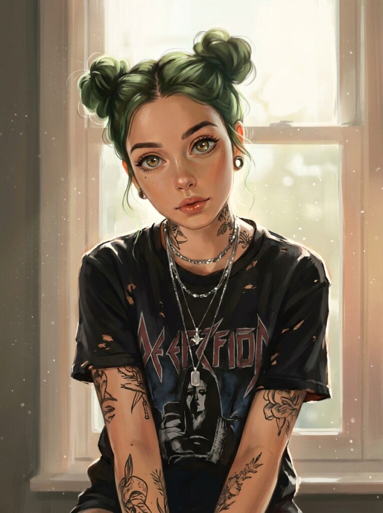 Girl_with_green_space_buns_202607071519 Digital portrait of woman with green space-buns, visible tattoos, piercings, layered chains, wearing a distressed band tee | Sky Rye Design Digital portrait of woman with green space-buns, visible tattoos, piercings, layered chains, wearing a distressed band tee