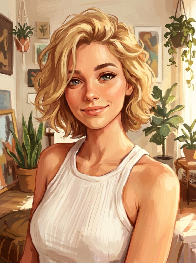Young_woman_smiling_softly_202607071505 Digital painting of a smiling blonde woman in white tank top in a sunlit, plant-filled apartment interior | Sky Rye Design Digital painting of a smiling blonde woman in white tank top in a sunlit, plant-filled apartment interior