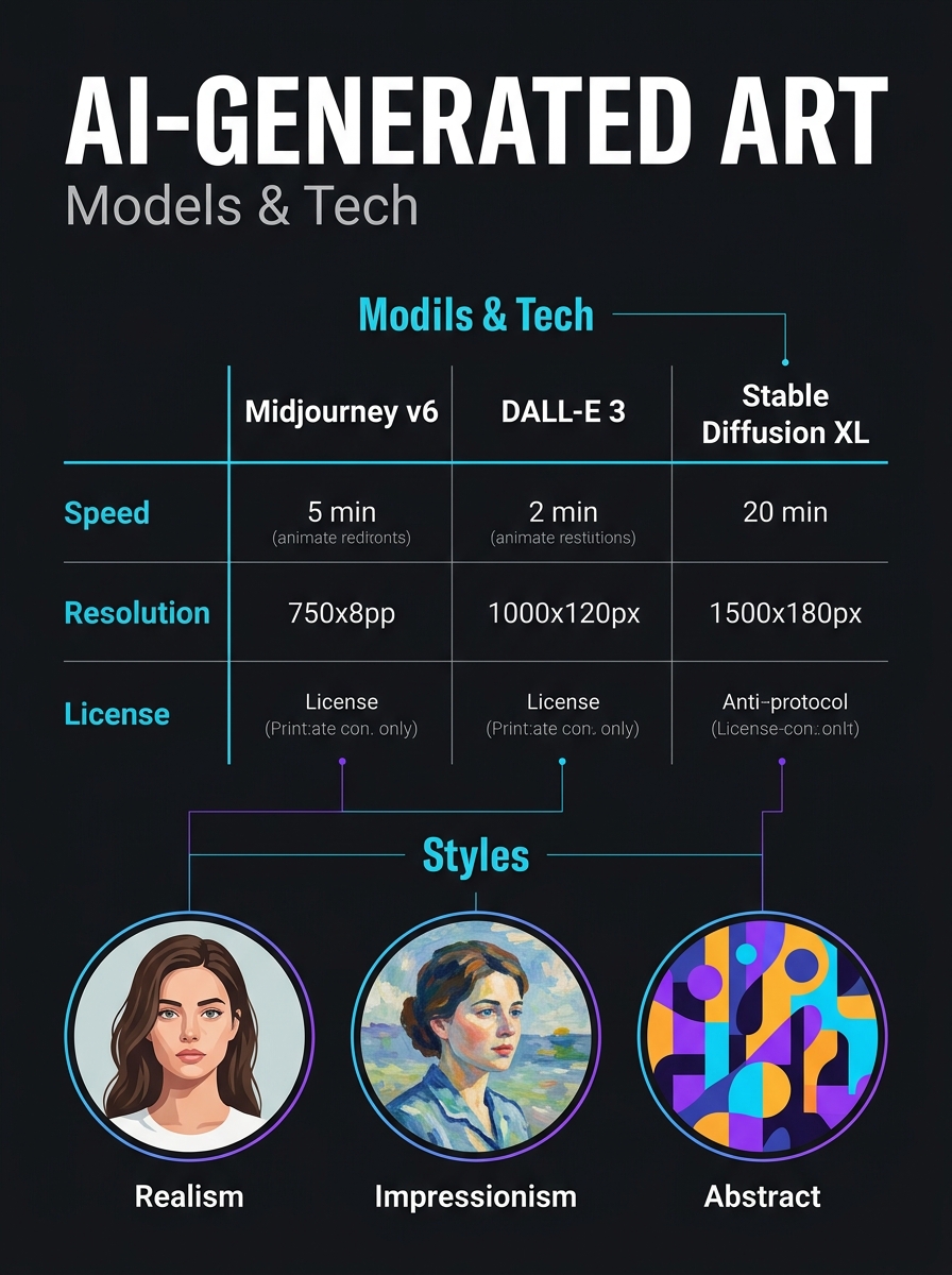 ai_art_infographic_1783426724498 Infographic comparing AI art models (Midjourney v6, DALL·E 3, Stable Diffusion XL): speed, resolution, license, styles | Sky Rye Design Infographic comparing AI art models (Midjourney v6, DALL·E 3, Stable Diffusion XL): speed, resolution, license, styles