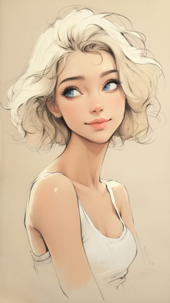 Digital art of a young woman with short blonde hair, blue eyes, and a white tank top, smiling softly.