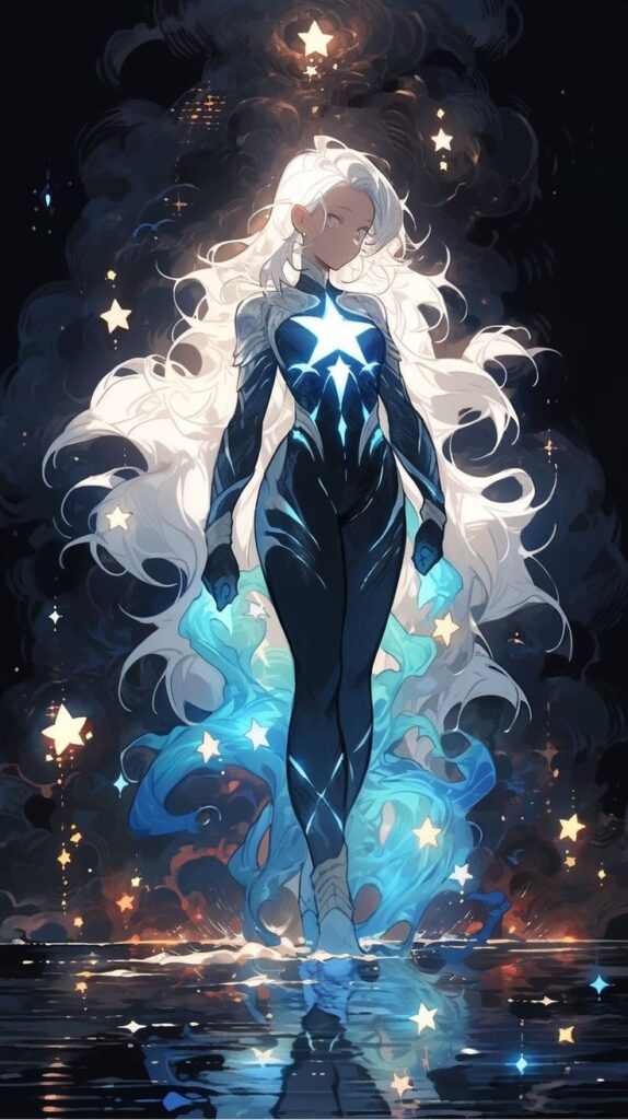 Mystical figure with long white hair in starry black suit floating amidst glowing stars and cosmic energy.