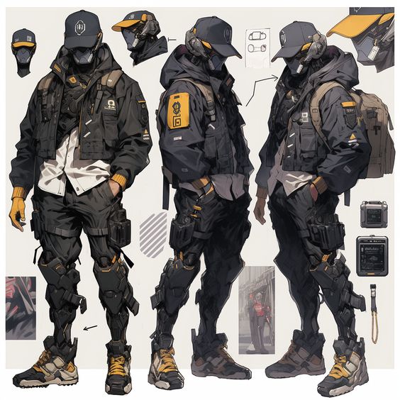 Concept art of futuristic armored soldiers in tactical gear, featuring detailed equipment and different perspectives.