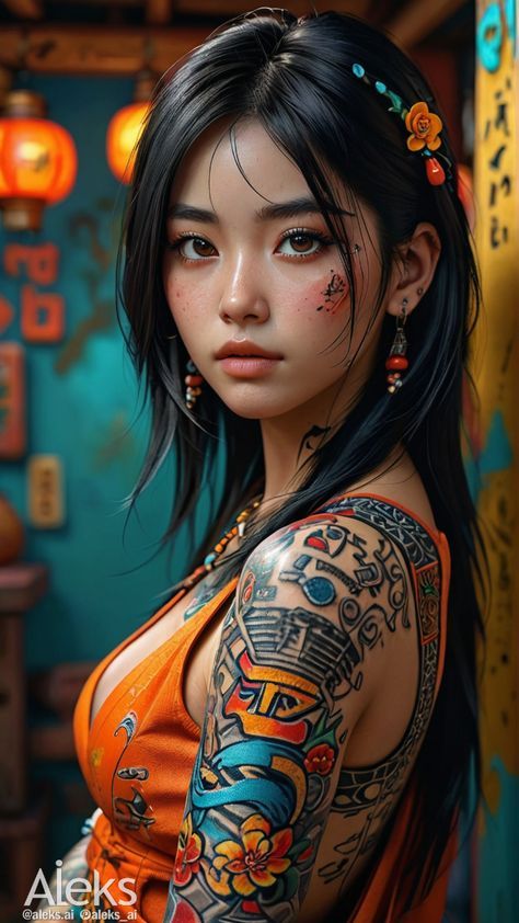 A woman with traditional tattoos and vibrant jewelry in a colorful, lantern-lit setting, wearing an orange top.