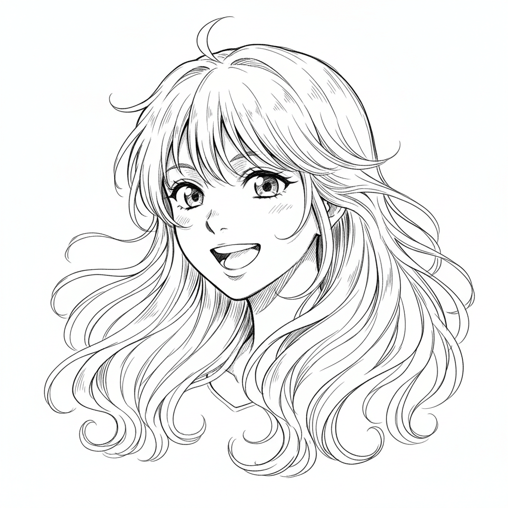 dreamcanvas-1768911451278 Smiling anime girl with long flowing hair, showcasing a vibrant and cheerful expression in a detailed black and white sketch. | Sky Rye Design Smiling anime girl with long flowing hair, showcasing a vibrant and cheerful expression in a detailed black and white sketch.