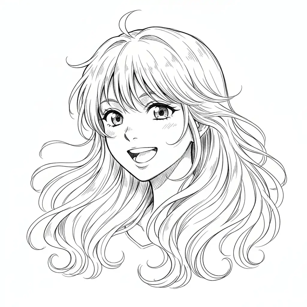Smiling anime girl with long flowing hair, showcasing a vibrant and cheerful expression in a detailed black and white sketch.