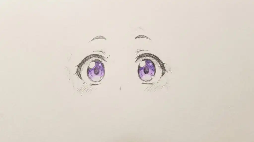 Drawing of wide, expressive anime eyes with purple irises and detailed pencil shading, capturing a youthful and curious