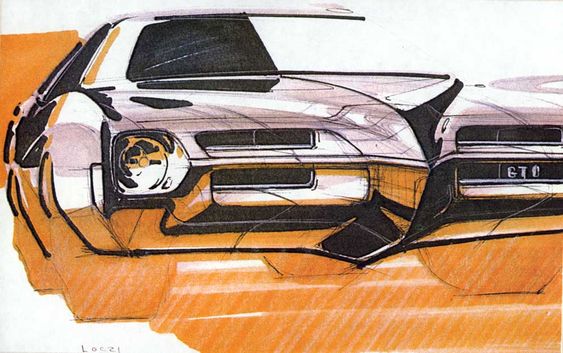 Sketch of a classic Pontiac GTO car design with a bold front grille and headlights, set against an orange background.