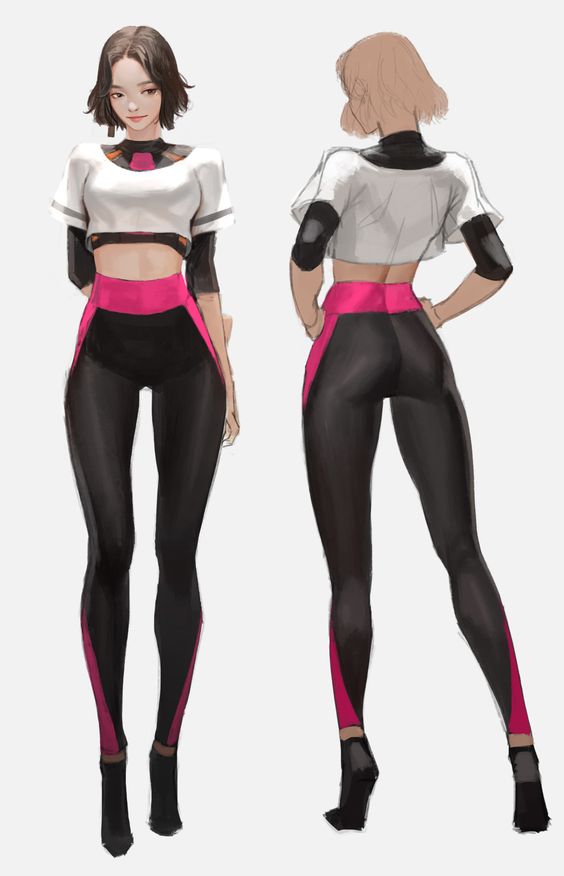 Anime-style female characters in futuristic athletic wear, front and back view, black leggings, white tops, pink accents.