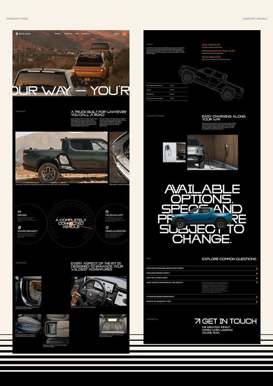 Rivian electric pickup truck showcasing features, specifications, and charging options in a stylish, brochure-style image.