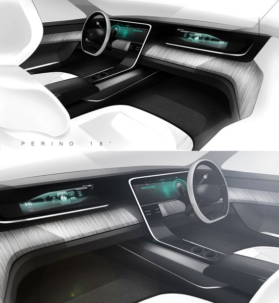 Futuristic car interior design with digital dashboard, sleek steering wheel, and modern aesthetics.