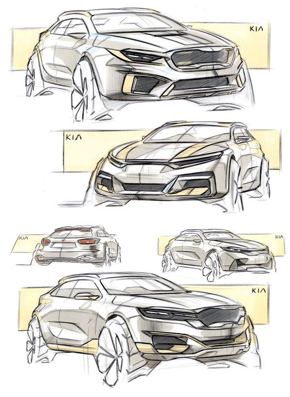 Concept sketches of a KIA SUV design showcasing front, rear, and side views with sleek, modern lines and detailing.