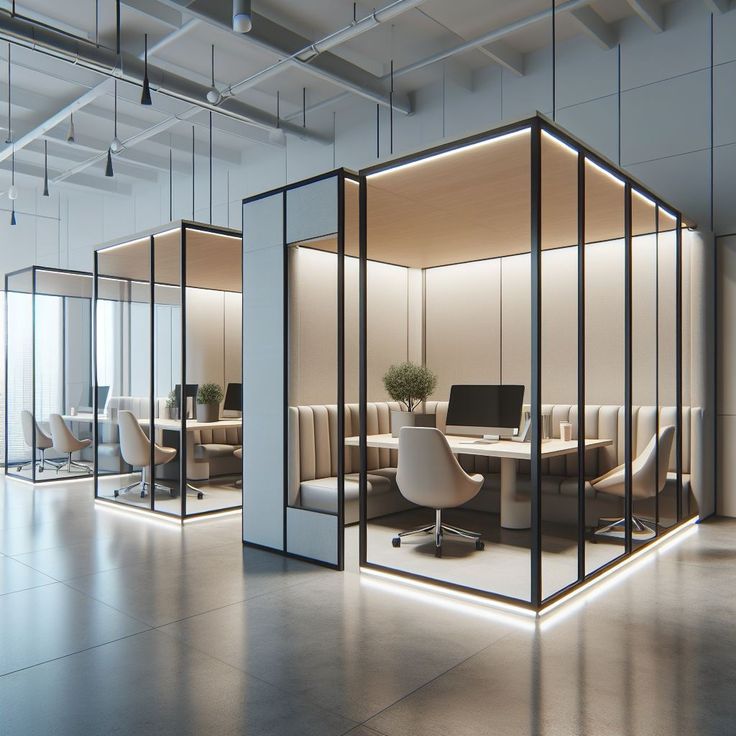 Modern office workspace with glass-walled cubicles, ergonomic chairs, and stylish lighting for a professional environment.