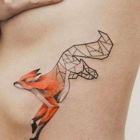 Geometric fox tattoo on side of the body, blending polygonal shapes with realistic orange and black detailing.