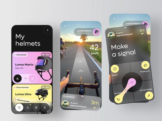 Mobile app interface for smart helmets, displaying helmet connection status, speed, alerts, and signal options for cyclists.