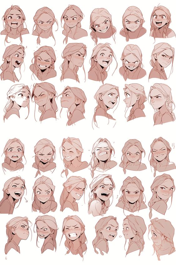 Collection of various expressive female character sketches showcasing a wide range of emotions, from happy to angry.