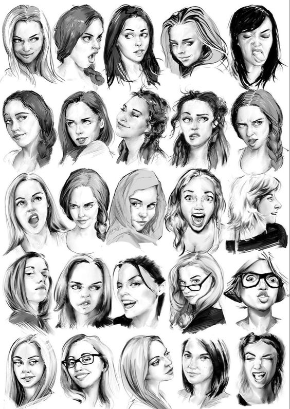 Black and white sketches of women making various facial expressions, showcasing a range of emotions and reactions.