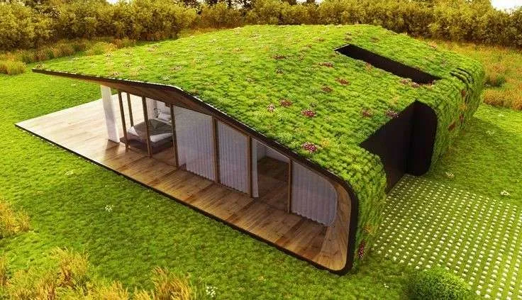 Modern eco-friendly house with green roof, large windows, and wood deck, surrounded by lush greenery and nature.