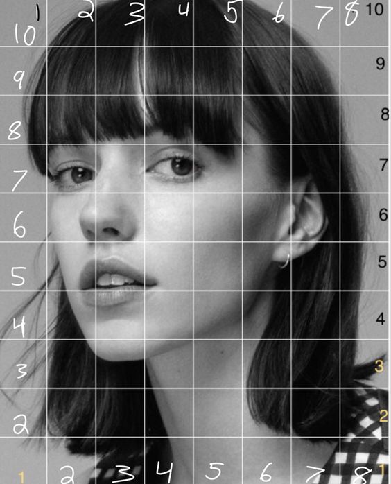 Black and white portrait of a woman with a grid overlay, numerals along edges. Structured photography, framed composition.