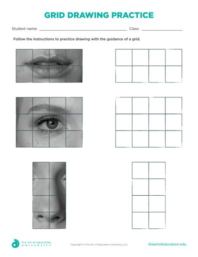 Grid Drawing Practice worksheet with facial features and corresponding grids for students to practice drawing using a grid method.