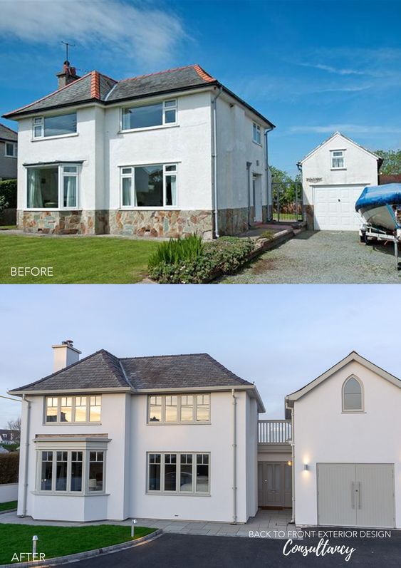 Before and after exterior home renovation showcasing modernized facade and improved landscaping.