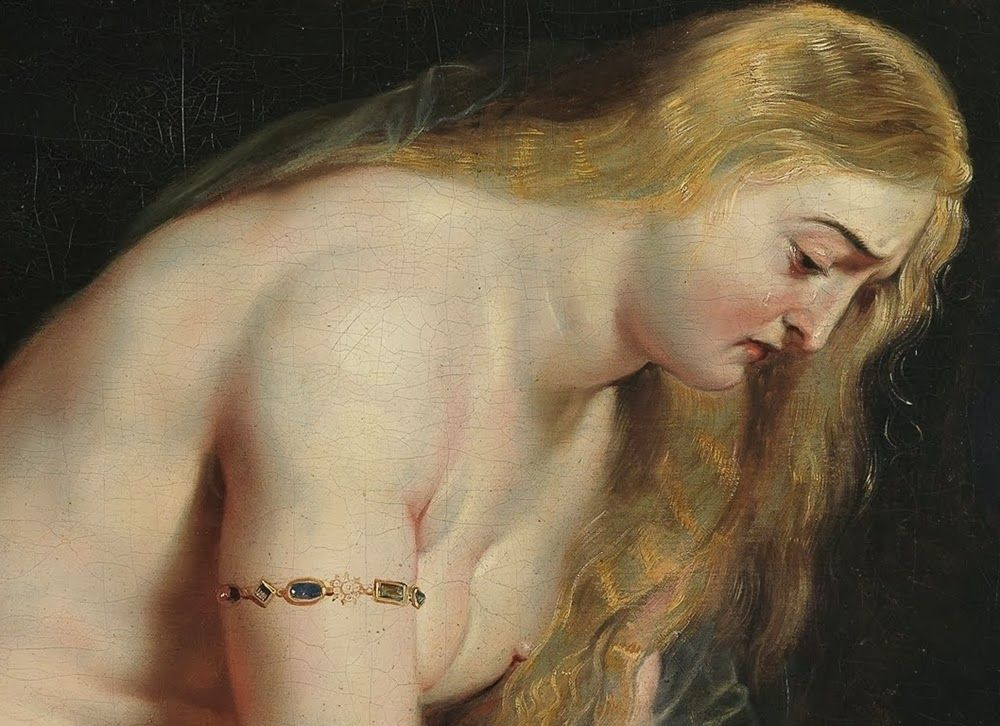 image Close-up classical oil painting of a sorrowful blonde woman with long hair, bare shoulder and gold jeweled armlet on dark background | Sky Rye Design Close-up classical oil painting of a sorrowful blonde woman with long hair, bare shoulder and gold jeweled armlet on dark background