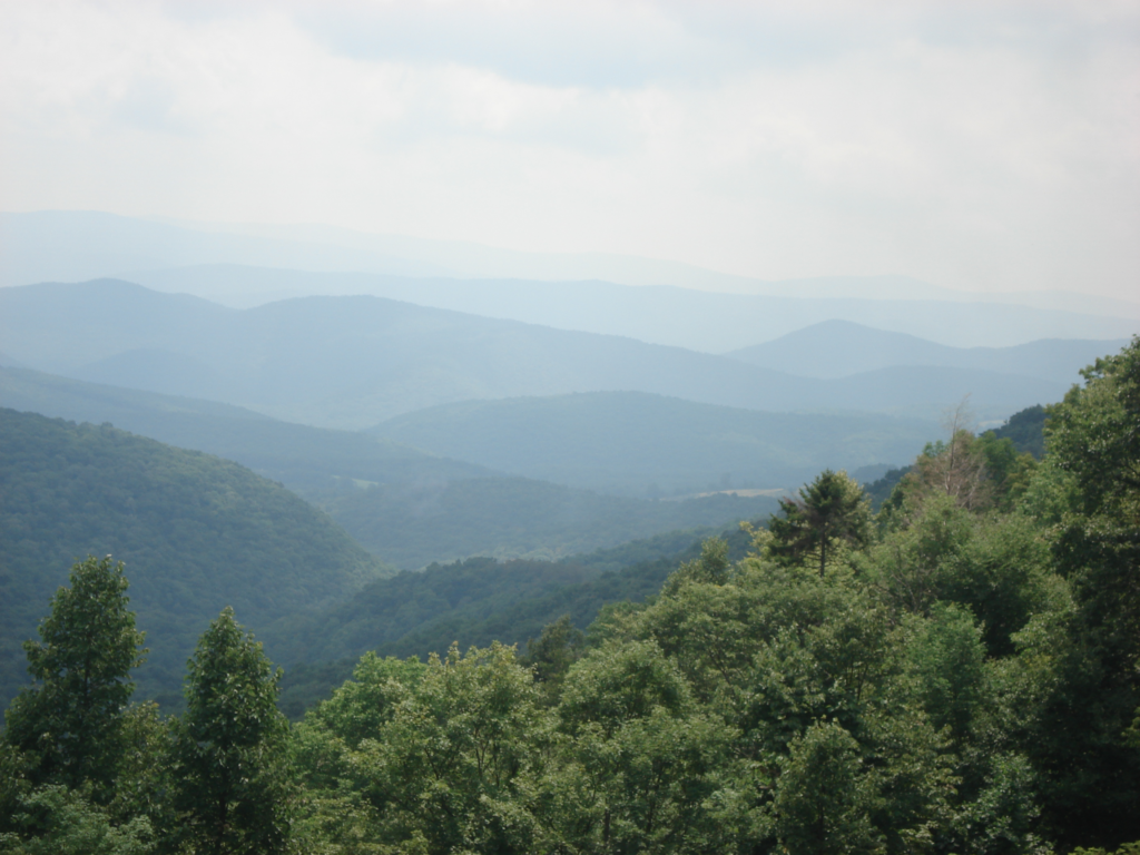 Panoramic misty mountain landscape with layered blue ridges and lush green forest in the foreground, scenic nature view.
