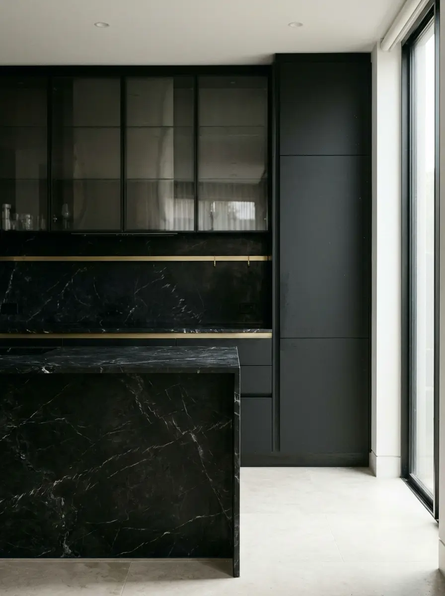 Black_marble_modern_kitchen_island_202607141931 Modern black marble kitchen island with matte black cabinets and brass accents beside floor-to-ceiling glass doors | Sky Rye Design Modern black marble kitchen island with matte black cabinets and brass accents beside floor-to-ceiling glass doors