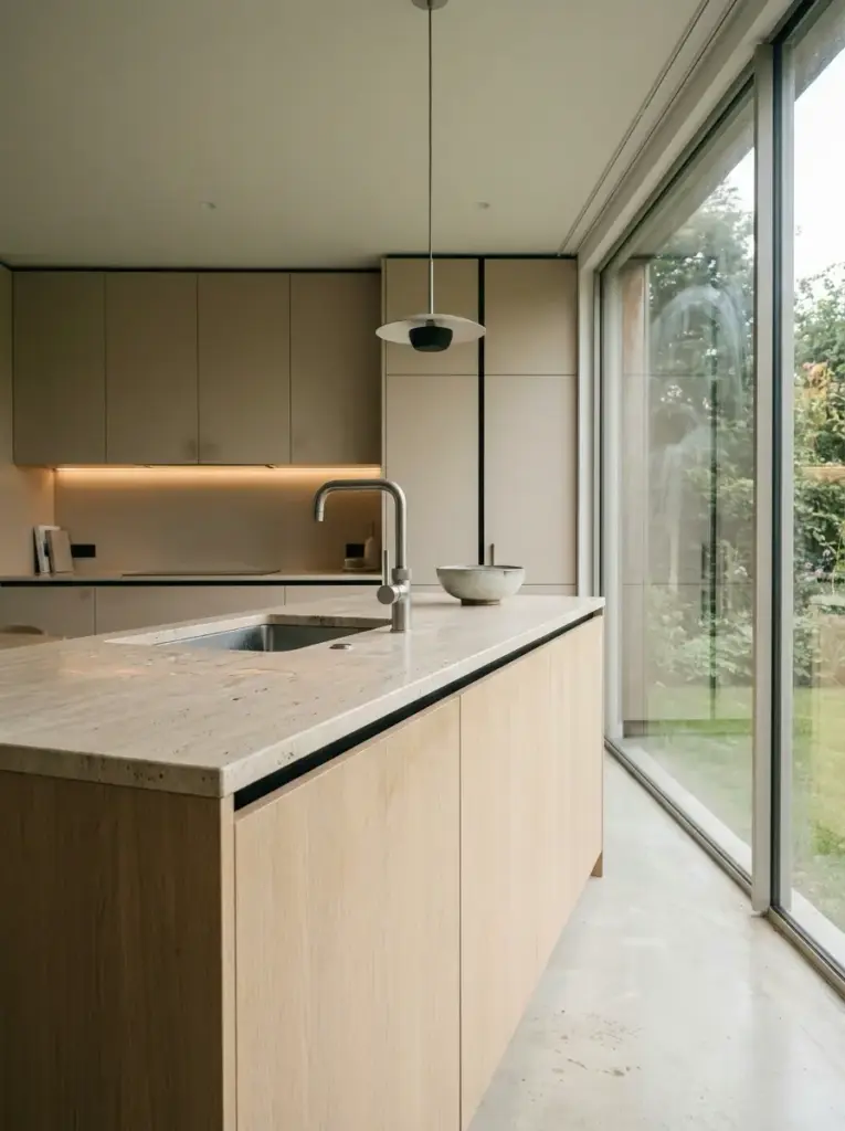 Japandi_kitchen_island_interior_202607142016 Modern minimalist kitchen with marble island, stainless faucet, light wood cabinets and floor-to-ceiling garden windows | Sky Rye Design Modern minimalist kitchen with marble island, stainless faucet, light wood cabinets and floor-to-ceiling garden windows