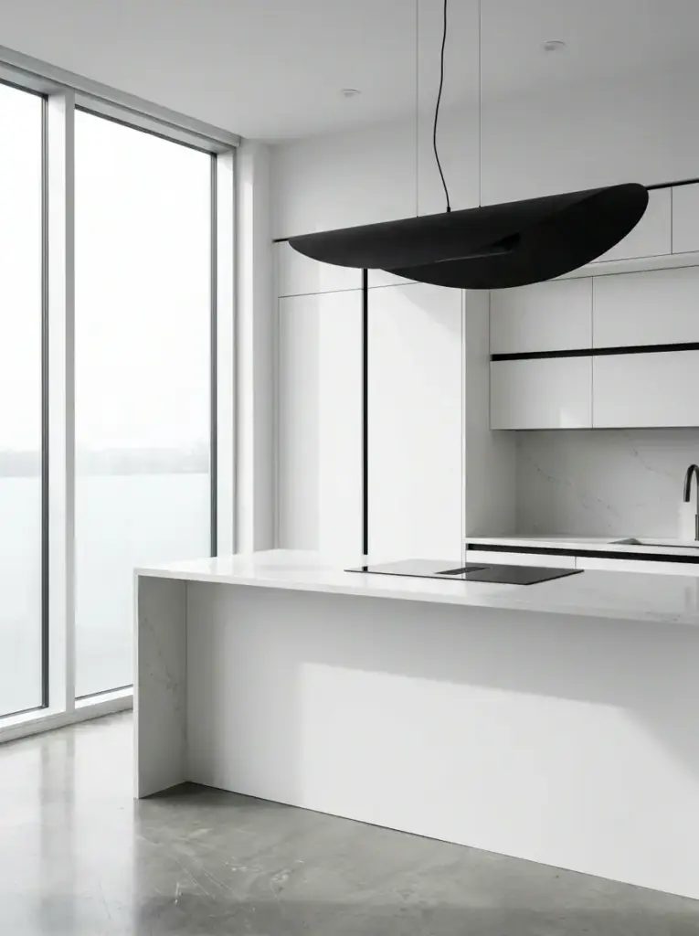 White_kitchen_remodel_island_cab_202607142023 Minimalist modern white kitchen with marble island, sleek black pendant light, built-in cooktop and floor-to-ceiling windows | Sky Rye Design Minimalist modern white kitchen with marble island, sleek black pendant light, built-in cooktop and floor-to-ceiling windows
