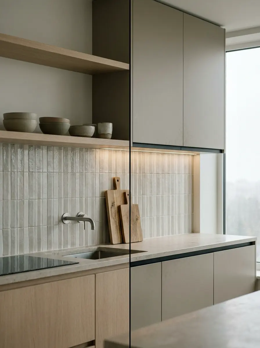 Japandi_kitchen_design_comparison_202607142028 Minimalist modern kitchen with neutral cabinets, vertical tile backsplash, undermount sink, wood cutting boards, open shelving | Sky Rye Design Minimalist modern kitchen with neutral cabinets, vertical tile backsplash, undermount sink, wood cutting boards, open shelving