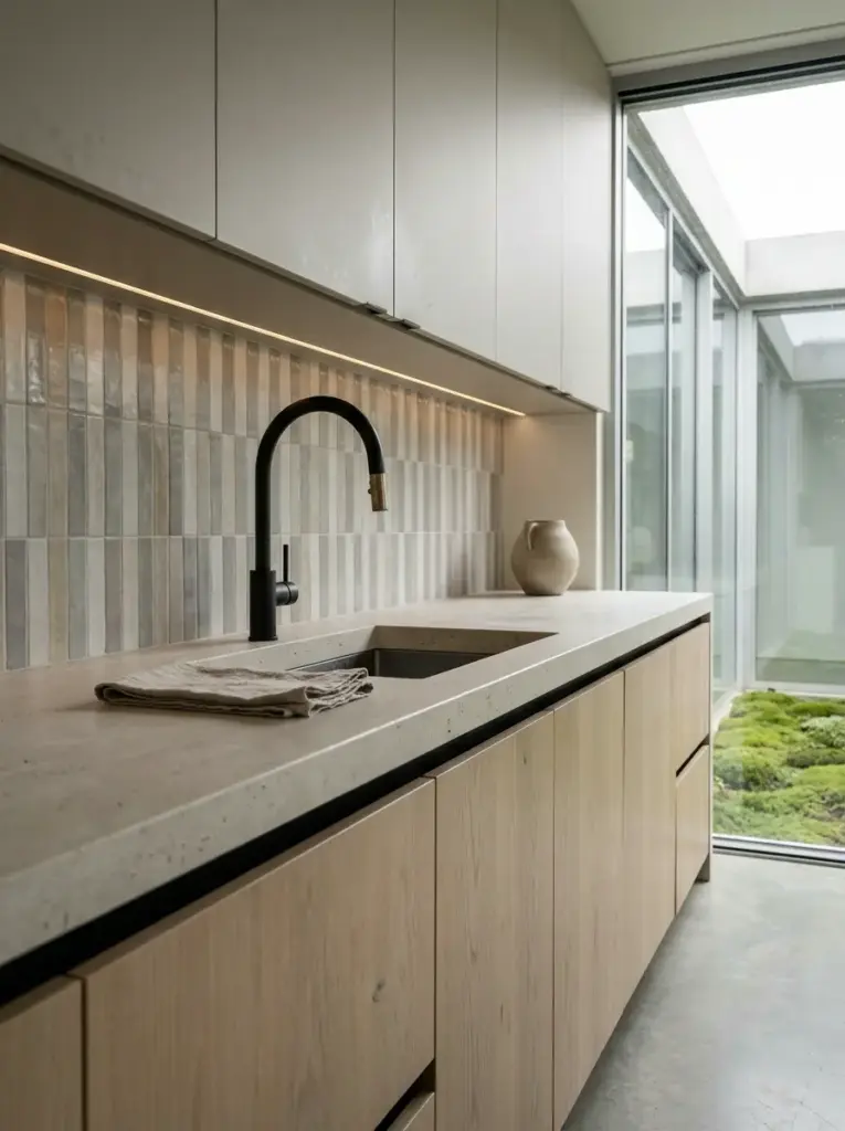 Matte_black_faucet_limestone_cou_202607142041 Minimalist kitchen with black faucet, concrete countertop, light wood cabinets, tiled backsplash and courtyard view | Sky Rye Design Minimalist kitchen with black faucet, concrete countertop, light wood cabinets, tiled backsplash and courtyard view