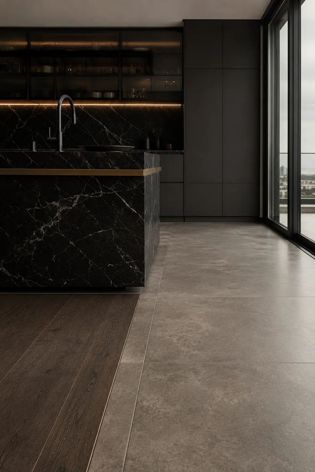 e99d1544-e411-49ec-8334-d8a27ea20b81 Luxury modern kitchen with black marble island, brass trim, matte black cabinets and large floor-to-ceiling windows | Sky Rye Design Luxury modern kitchen with black marble island, brass trim, matte black cabinets and large floor-to-ceiling windows