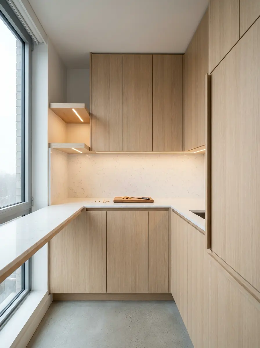 Small_kitchen_remodel_pale_oak_202607141938 Modern L-shaped kitchen with light wood cabinets, white countertops, and a large window along the left wall; a small chopping board sits on the counter. | Sky Rye Design Modern L-shaped kitchen with light wood cabinets, white countertops, and a large window along the left wall; a small chopping board sits on the counter.