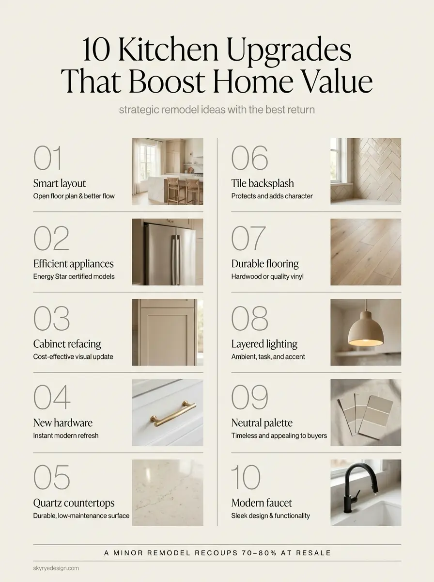 10_Kitchen_Upgrades_Boost_Value_202607141939 Infographic titled '10 Kitchen Upgrades That Boost Home Value' with 10 numbered items and small photos. | Sky Rye Design Infographic: 10 kitchen upgrades to boost home value — smart layout, quartz countertops, tile backsplash.