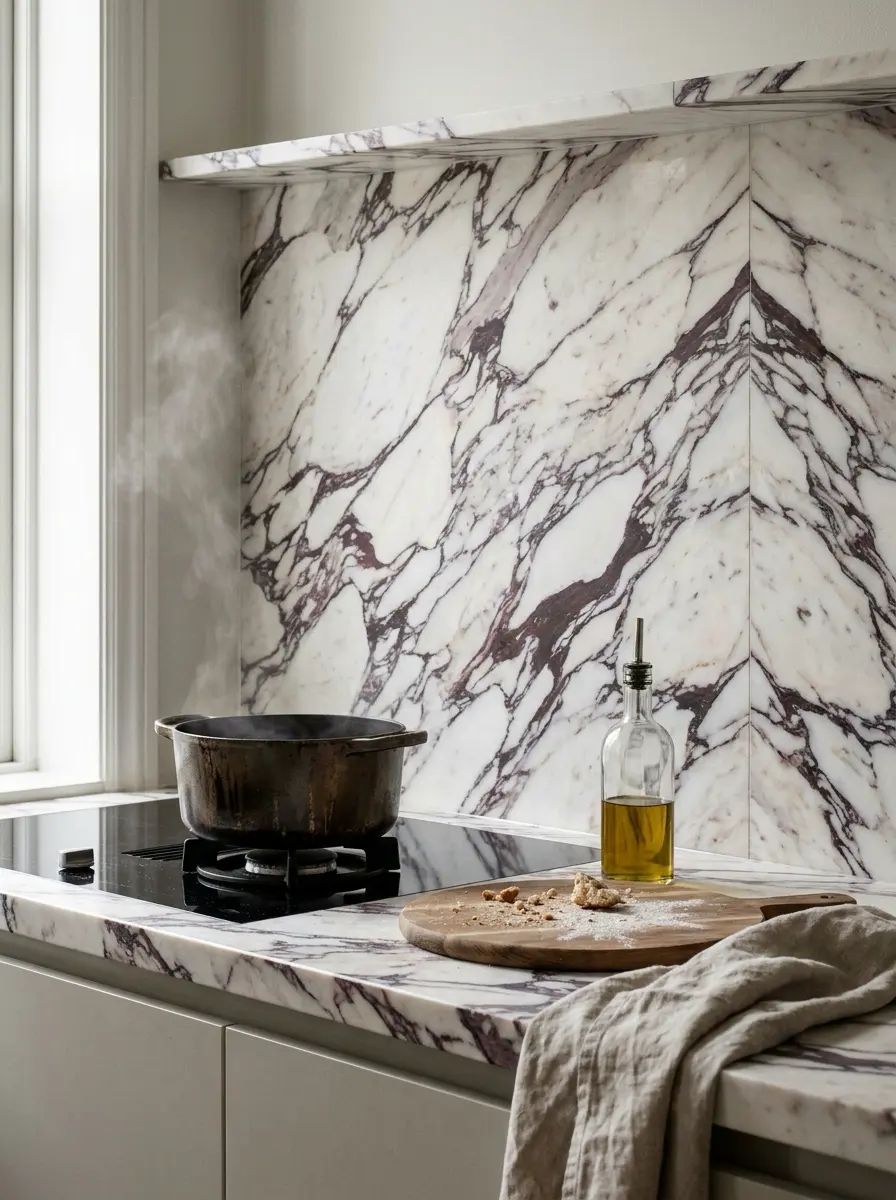 Marble_kitchen_worktop_detail_ph_2026071420001 White marble kitchen countertop and backsplash with gas cooktop, steaming pot, olive oil and wooden cutting board | Sky Rye Design White marble kitchen countertop and backsplash with gas cooktop, steaming pot, olive oil and wooden cutting board
