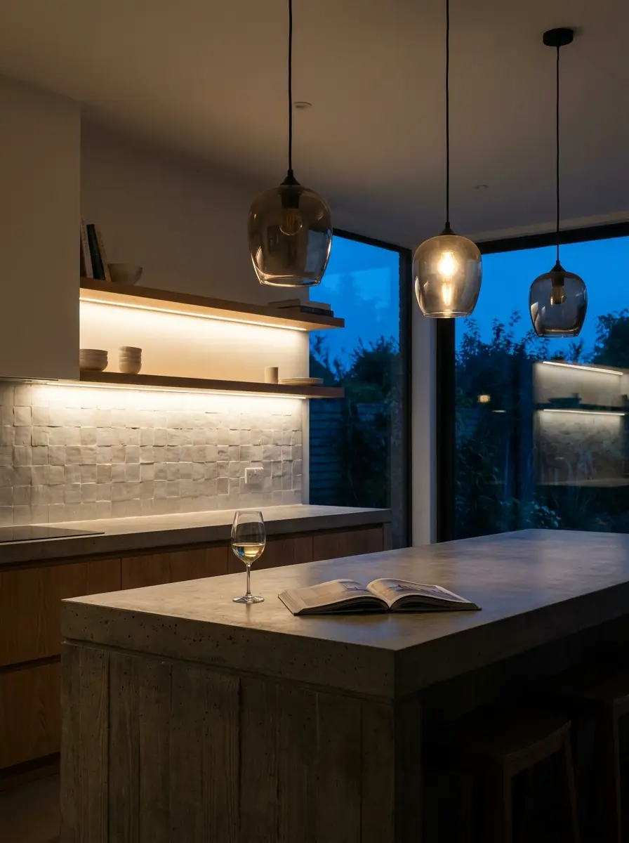 Minimalist_kitchen_at_blue_hour_202607141959 Modern kitchen island at dusk with three pendant lights, under-shelf lighting, wine glass and open book on counter. | Sky Rye Design Modern kitchen island at dusk with three pendant lights, under-shelf lighting, wine glass and open book on counter.