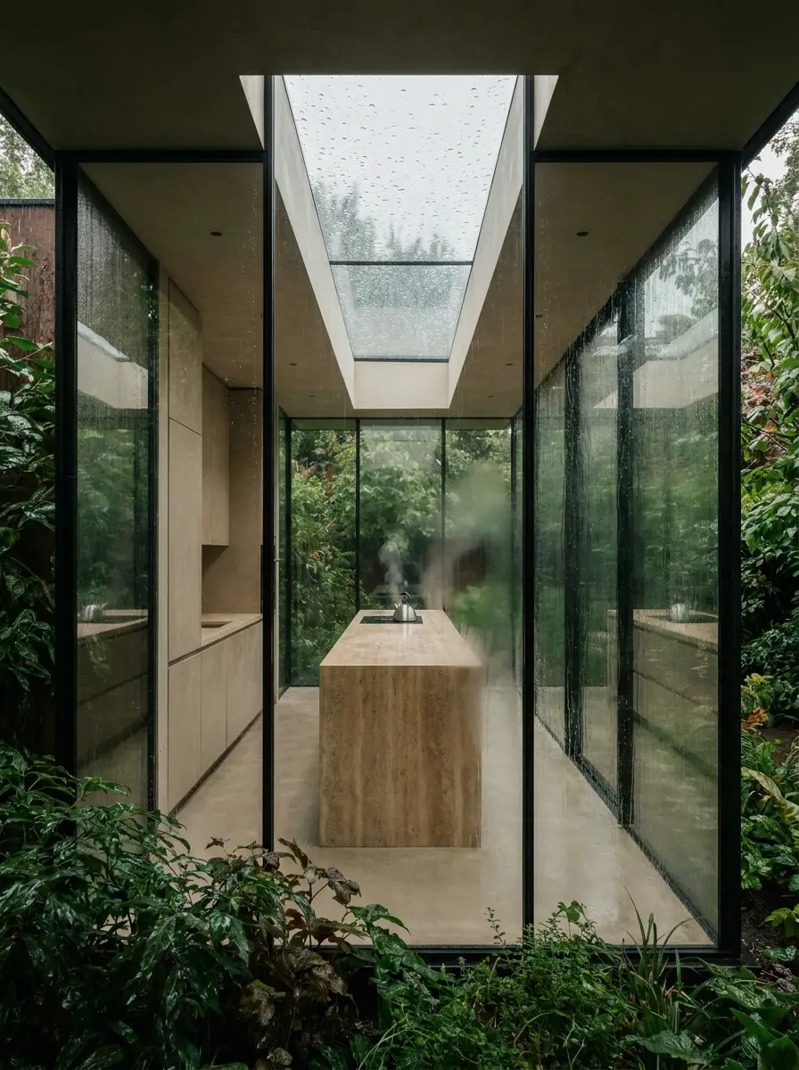 Minimalist_kitchen_in_glass_pavi_202607142004 Minimalist modern kitchen with wood island, floor-to-ceiling glass walls and skylight opening to a lush rain-soaked garden. | Sky Rye Design Minimalist modern kitchen with wood island, floor-to-ceiling glass walls and skylight opening to a lush rain-soaked garden.
