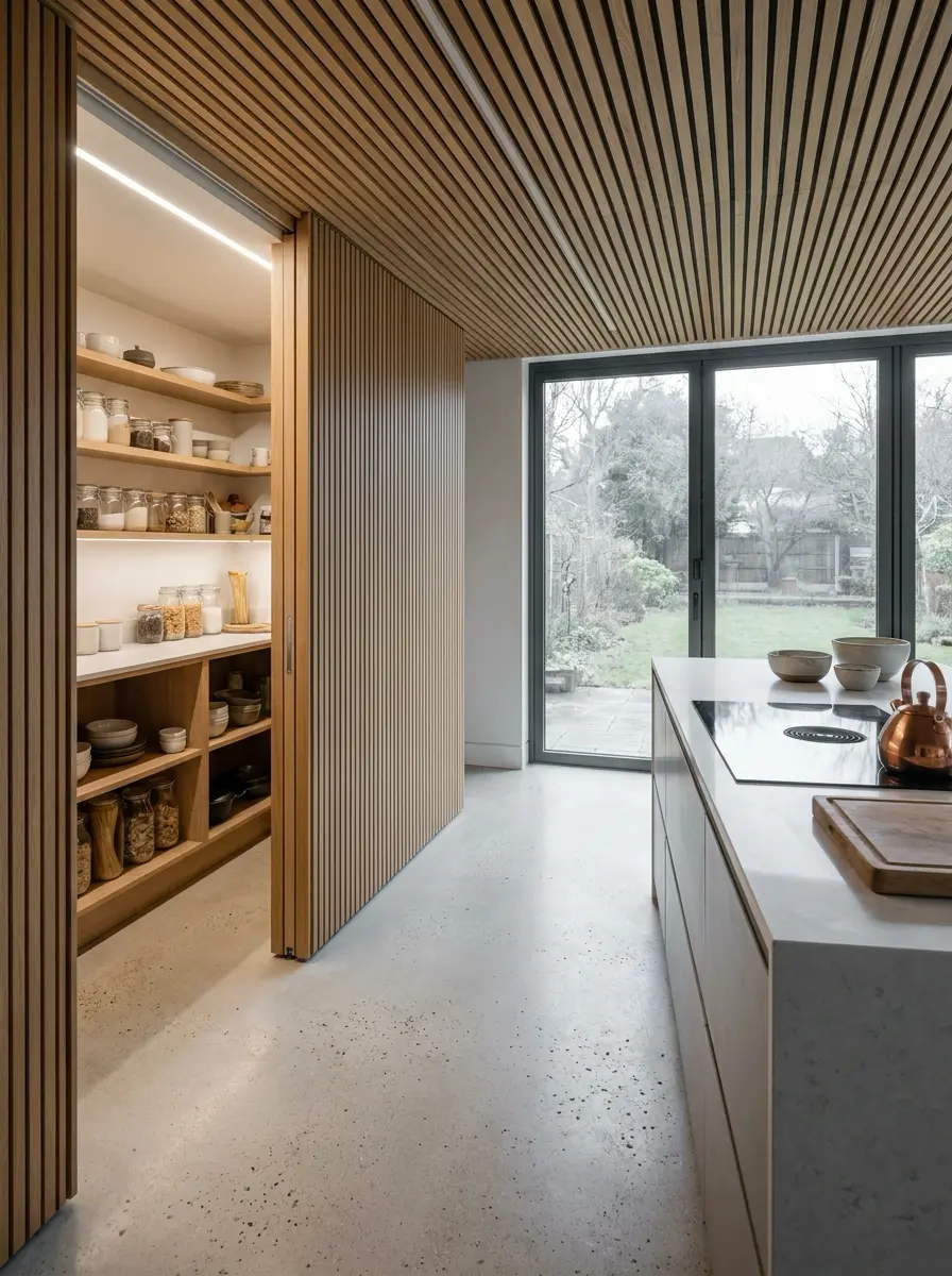 Kitchen_renovation_with_hidden_p_202607142005 Modern minimalist kitchen with wooden slatted pantry door, open shelving, marble island and garden view | Sky Rye Design Modern minimalist kitchen with wooden slatted pantry door, open shelving, marble island and garden view