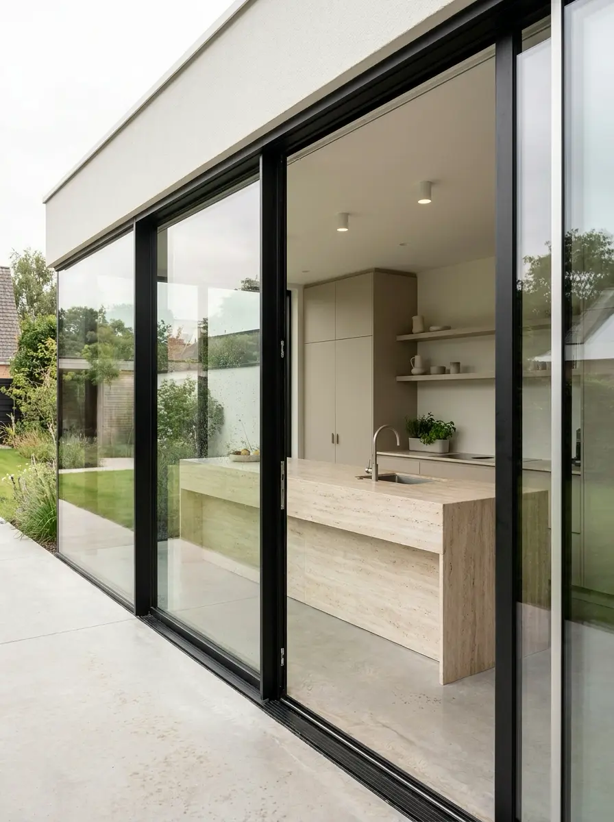 Kitchen_with_island_and_garden_202607142010 Modern minimalist kitchen with natural stone island and black-framed floor-to-ceiling sliding glass doors to patio | Sky Rye Design Modern minimalist kitchen with natural stone island and black-framed floor-to-ceiling sliding glass doors to patio