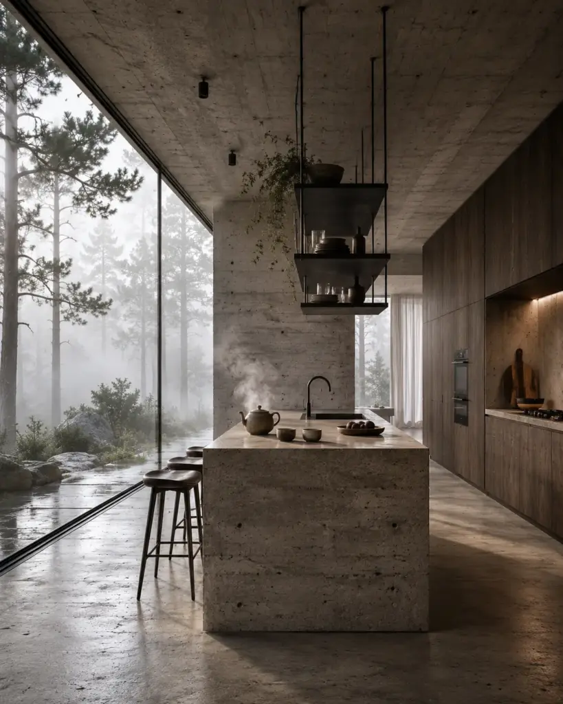 _17_52 Modern minimalist kitchen, stone island and wood cabinetry, floor-to-ceiling glass with misty pine forest view. | Sky Rye Design Modern minimalist kitchen, stone island and wood cabinetry, floor-to-ceiling glass with misty pine forest view.