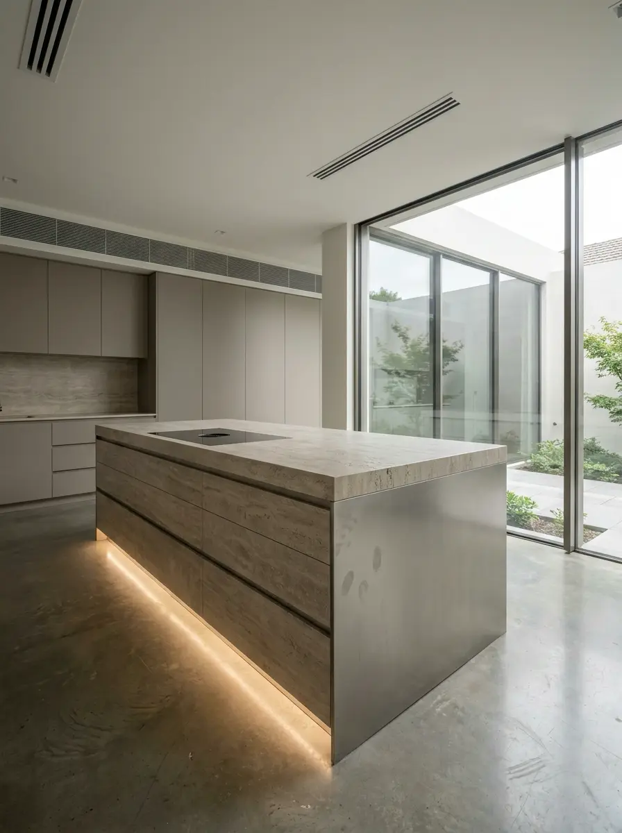 Modern_kitchen_with_travertine_i_202607141931 Minimalist modern kitchen island with concrete floor, warm LED underlighting and floor-to-ceiling glass windows. | Sky Rye Design Minimalist modern kitchen island with concrete floor, warm LED underlighting and floor-to-ceiling glass windows.
