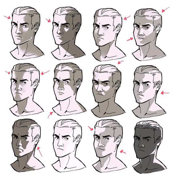 Character face turnaround sketches showing different lighting and shadows on an expressive male head with arrows indicating light direction.