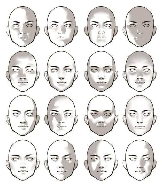 A grid of 16 sketched human faces with different lighting and shading techniques, showcasing various shadow placements.