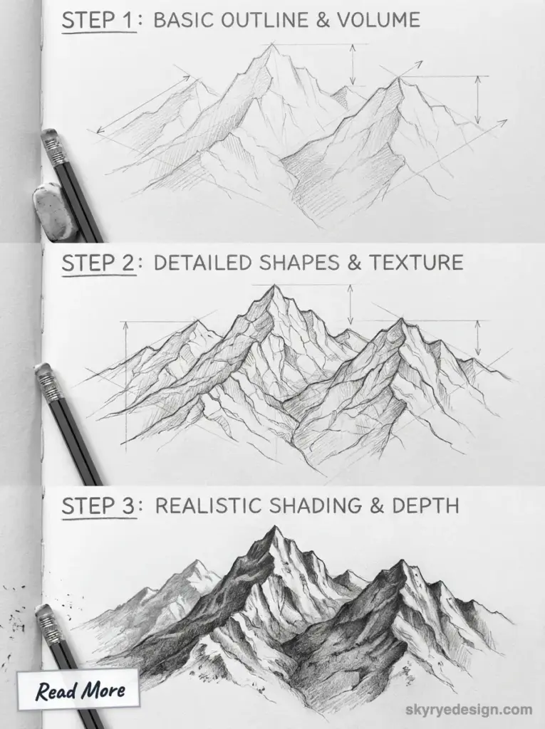 Three-step pencil mountain drawing tutorial: Step 1 outline & volume, Step 2 detailed shapes & texture, Step 3 realistic shading & depth.