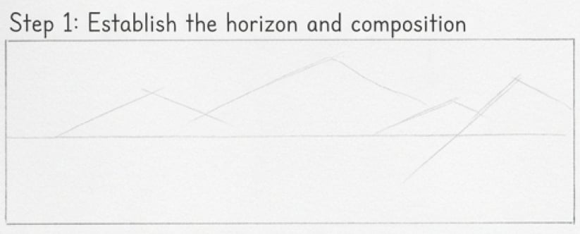 Drawing tutorial step 1: landscape sketch diagram showing horizon line and simple mountain outlines to establish composition.