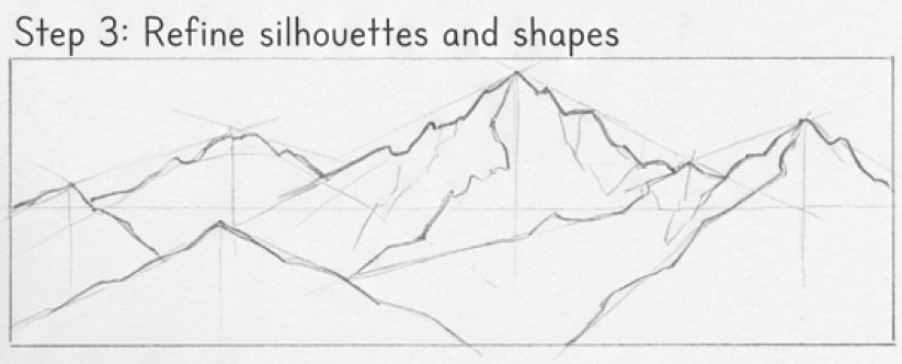 Pencil sketch drawing tutorial Step 3: refined mountain range silhouettes and shapes with guiding horizon and vertical lines.